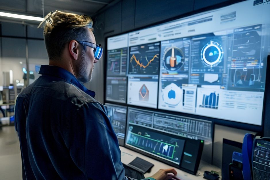 An industrial facility manager in Newcastle, Australia, monitoring real-time data analytics and automation controls powered by SkyCAD technology.