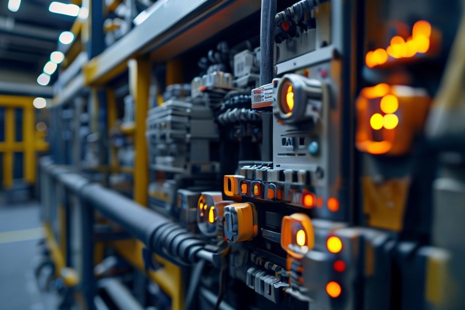 A close-up view of an advanced PLC system installed in an Austin mining operation, integrated with IoT sensors and data analytics software.