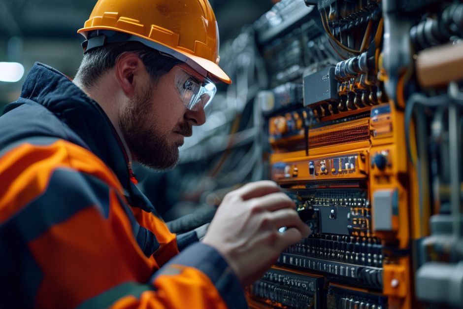 Advanced Mechanix engineer inspecting a PLC unit during a site visit to a mining operation in Newcastle.