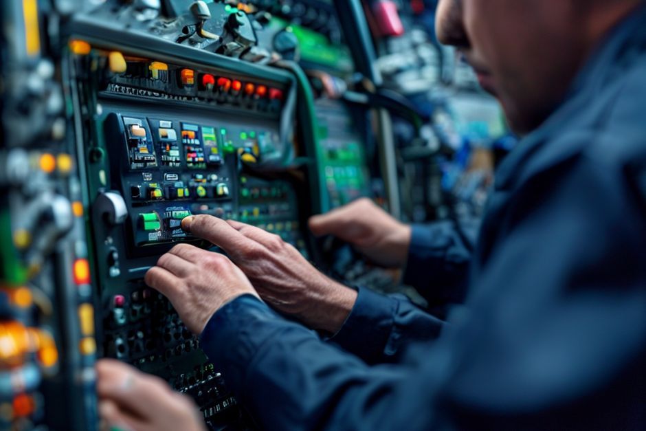 A technician working on a Programmable Logic Controller (PLC) device, programming the industrial control system.