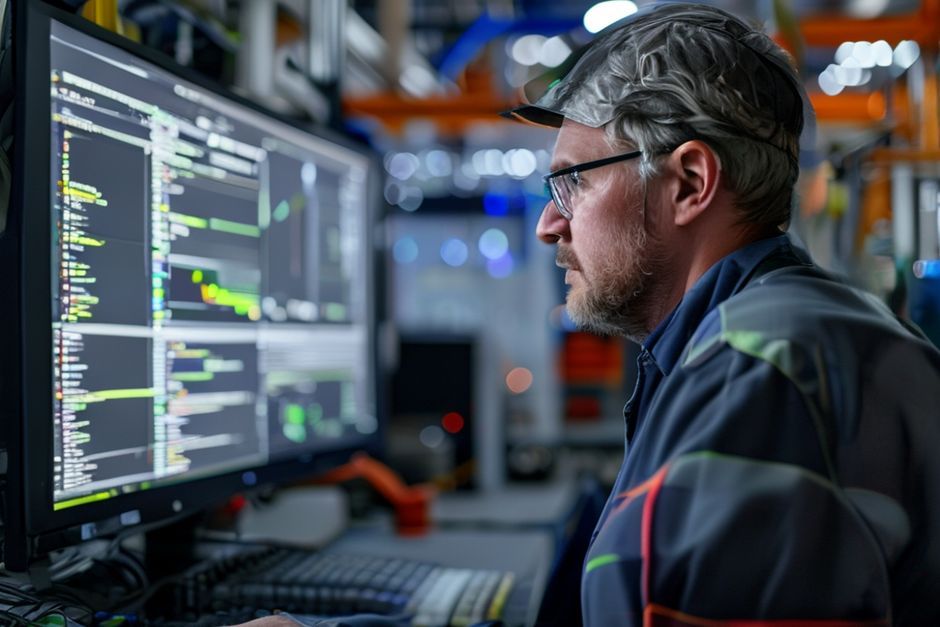 Electrical engineer reviewing PLC programming code and SCADA system integration for a manufacturing facility in Canberra, Australia.