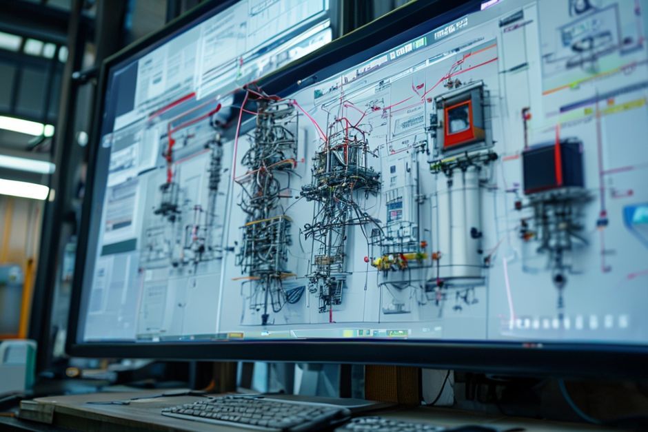 Close-up view of power distribution system 3D model and design calculations on computer screen in engineering office.