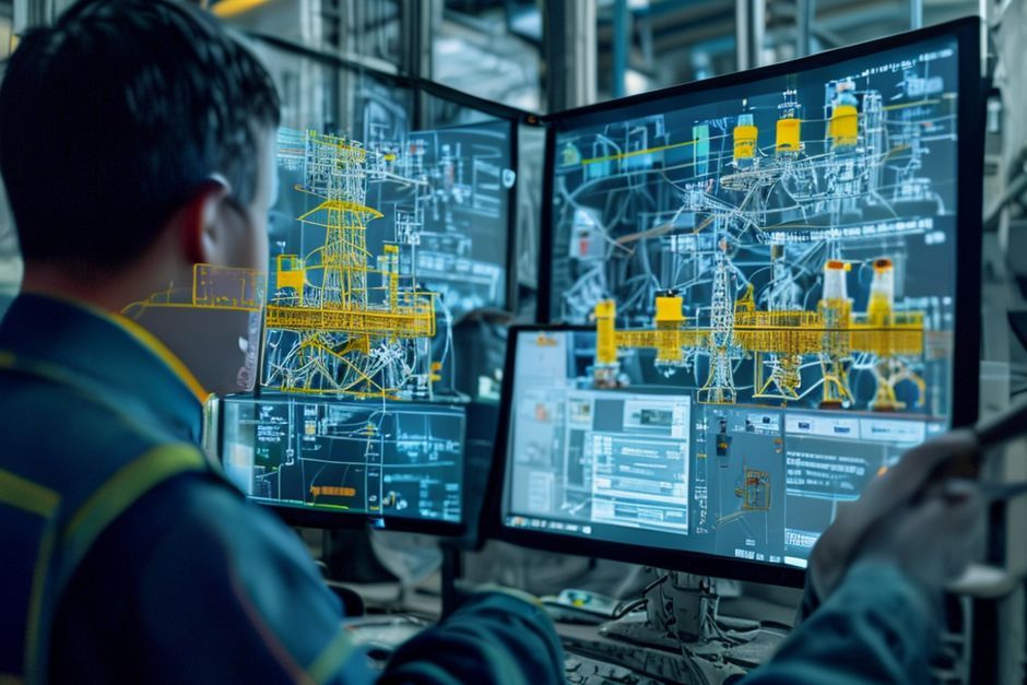 Power distribution engineering consultant analyzing a 3D model of an electrical substation