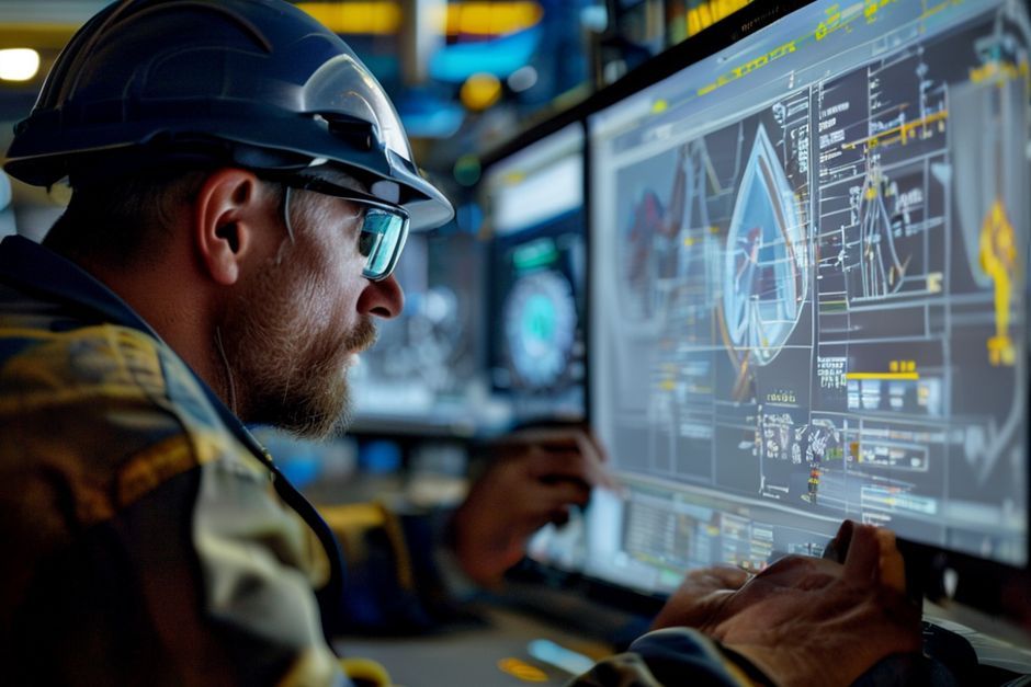 Electrical engineer analyzing power distribution system design data and simulations