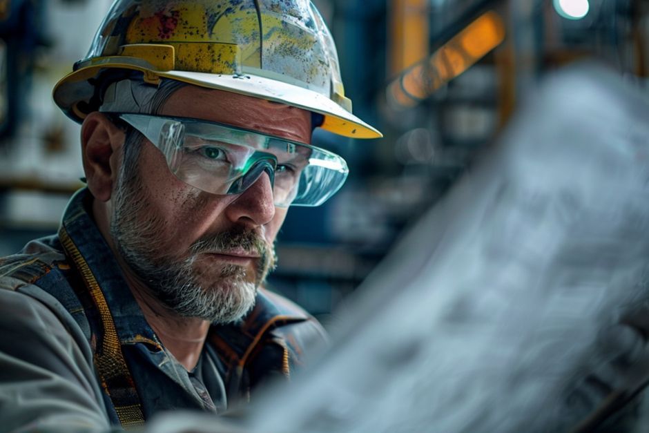 Electrical engineer reviewing power substation design plans for mining operations in Jacksonville