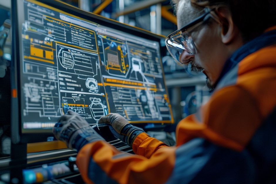 An Advanced Mechanix engineer using CAD software to design a renewable energy and IoT-enabled predictive maintenance system for an industrial facility in Brisbane.