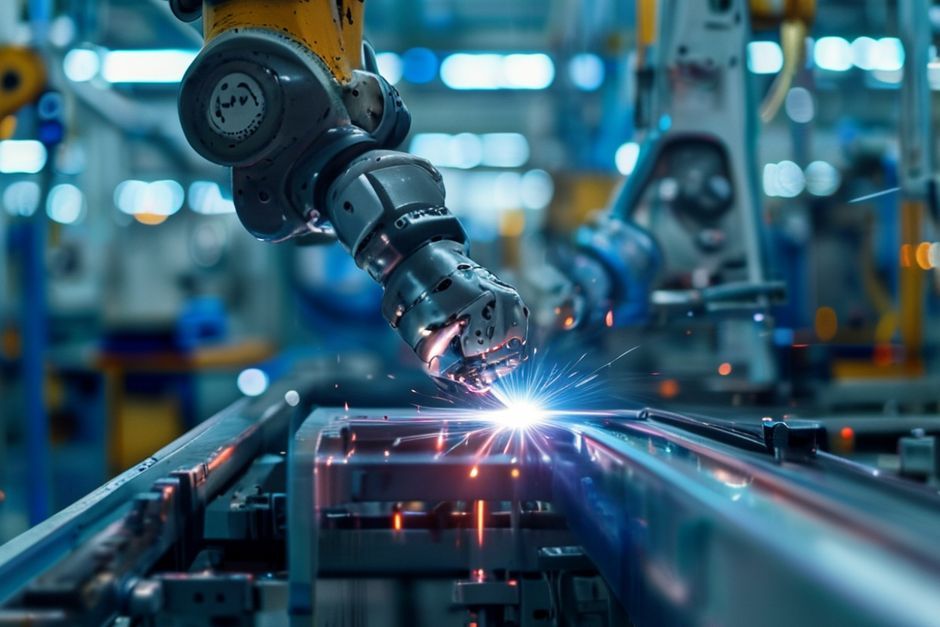 A robotic arm performing precision welding tasks on an industrial assembly line in a Boston manufacturing plant.