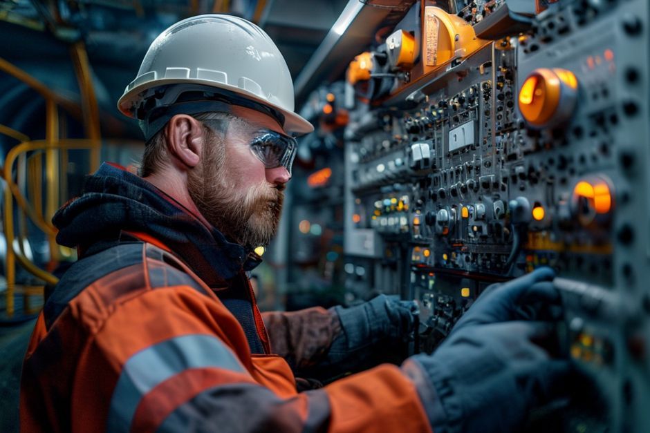 Mining engineer inspecting smart grid automation systems in an underground mining operation in Sydney.