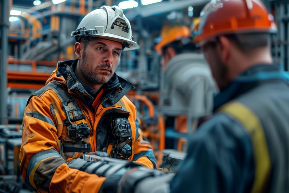 Advanced Mechanix engineer discussing sustainable electrical system designs with a mining operations manager in Fort Worth.