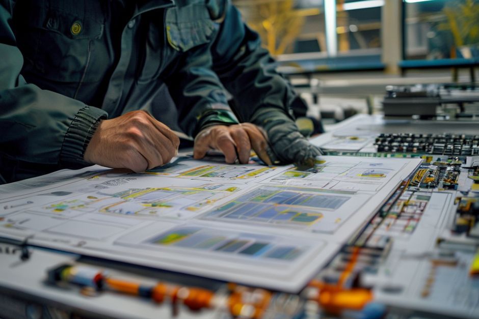 Advanced Mechanix engineer reviewing power distribution design documents focused on sustainable energy solutions for an Austin facility.