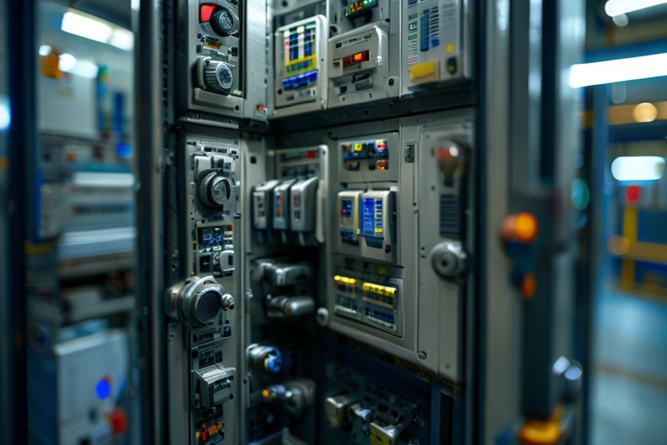 Close-up view of an industrial switchgear cabinet equipped with advanced technology to optimize power management and energy efficiency for high-tech manufacturing facilities in Austin.