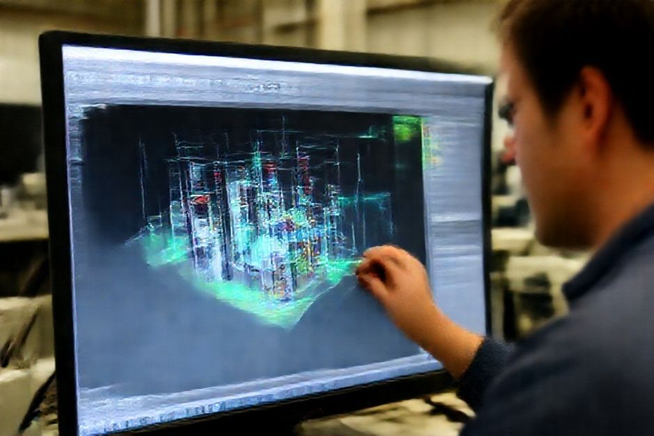 An Advanced Mechanix engineer using CAD software to create a 3D model of a power distribution system for a Philadelphia manufacturing facility.