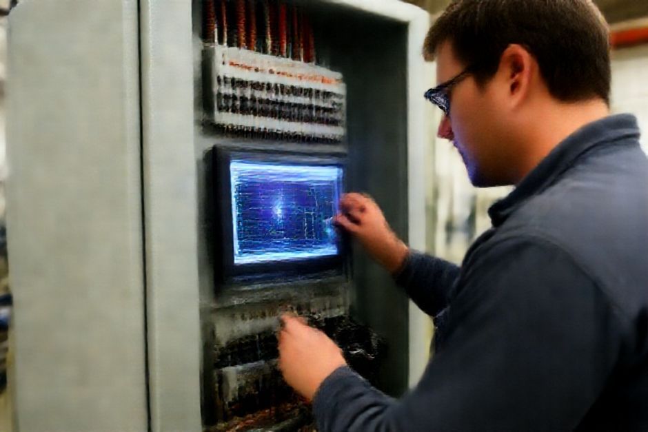 An electrical engineer from Advanced Mechanix performing an arc flash hazard analysis on a control panel design for a manufacturing facility in Fort Worth, Texas.