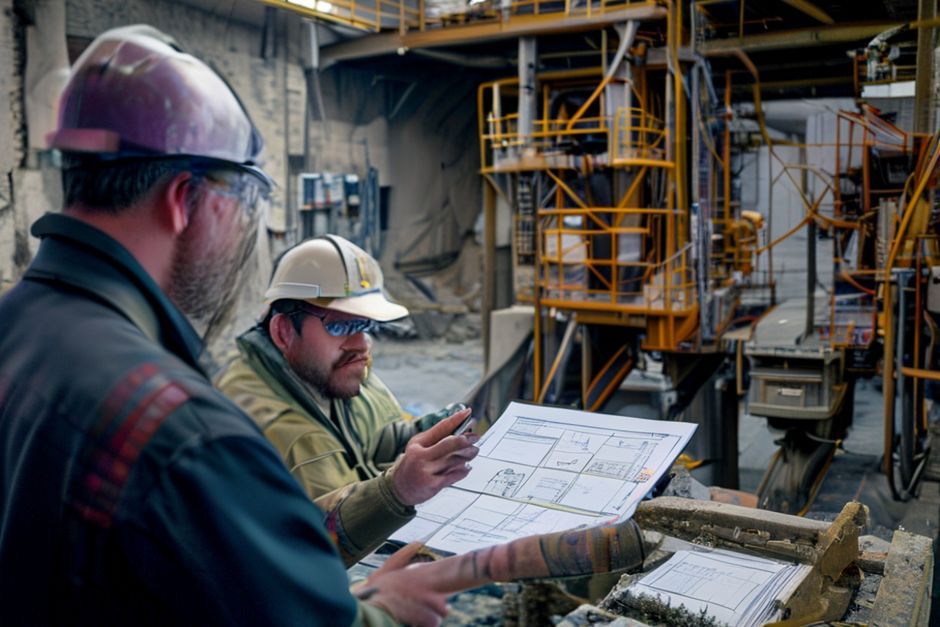 An Advanced Mechanix engineer reviewing power distribution system designs with a mining operations manager at a facility in Los Angeles.