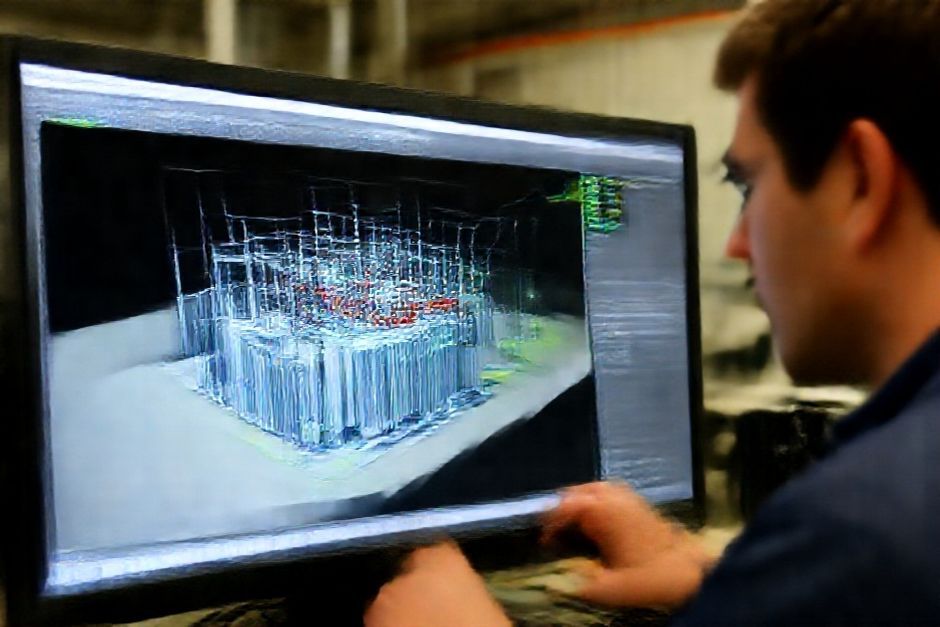 Engineer using CAD software to model a 3D rendering of a new substation design for a manufacturing facility in Chicago.