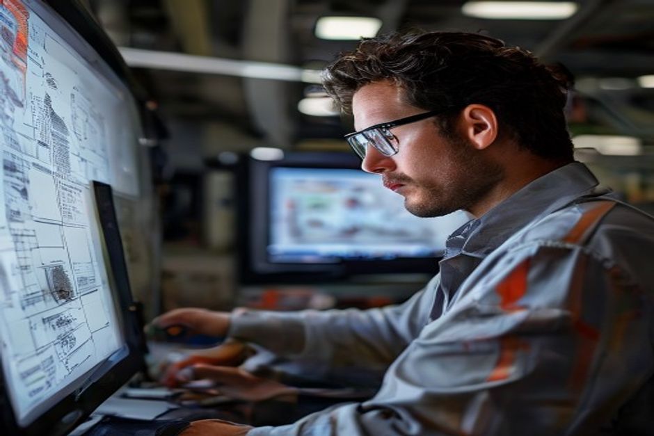 An Advanced Mechanix electrical engineer reviewing CAD drawings and schematics on a large display.