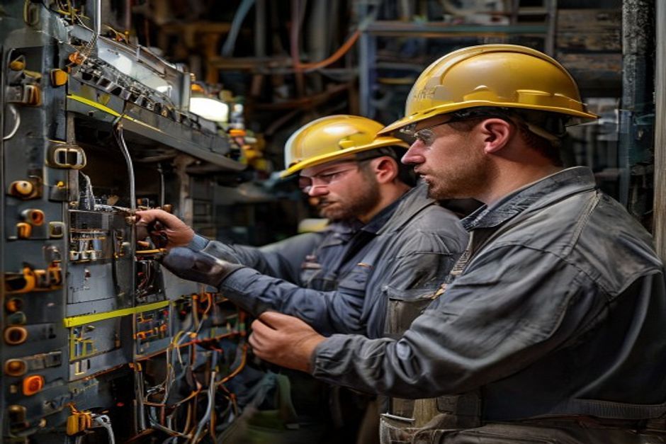 Electrical engineers inspecting an explosion-proof control panel at a mining operation in Brisbane, Australia