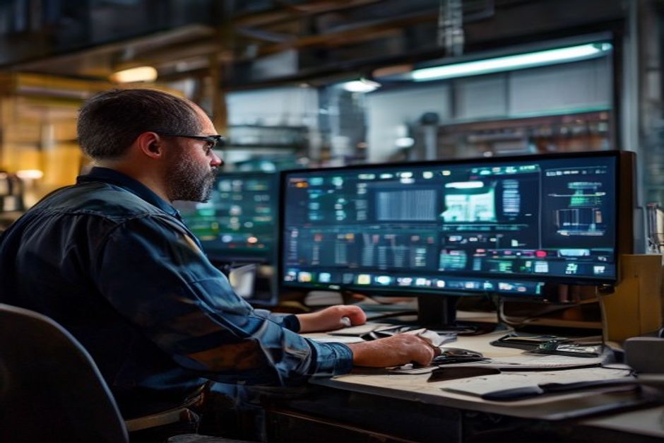 Close-up of an engineer's workstation in New York, displaying a 3D model of an integrated industrial automation system.