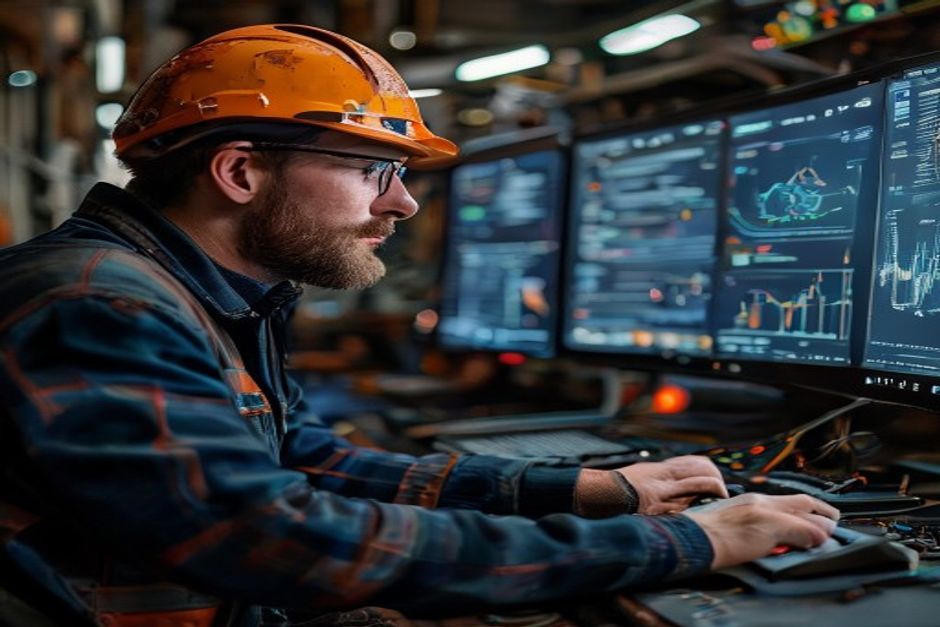 Professional engineer using CAD software to design a power distribution system for a mining operation, with advanced analytics dashboards visible.