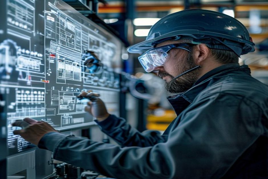 An electrical engineer from Advanced Mechanix using data analytics software to monitor a digital twin model of an industrial facility's power distribution system.