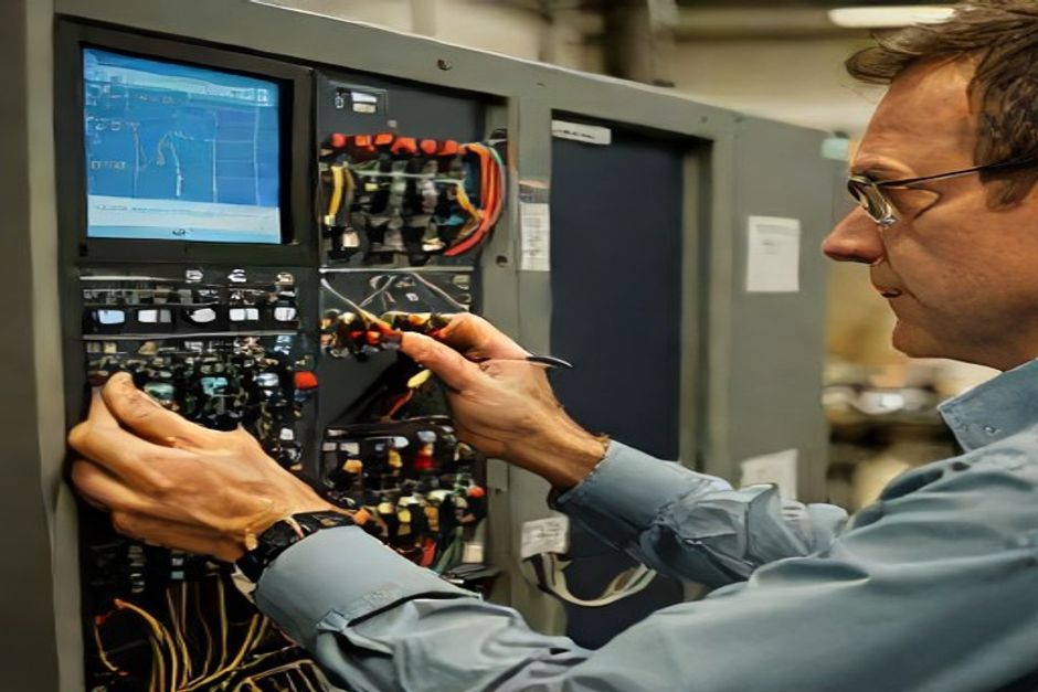 Electrical engineer using AutoCAD to design a power distribution system with features like redundancy and energy efficiency for a Seattle manufacturing facility.