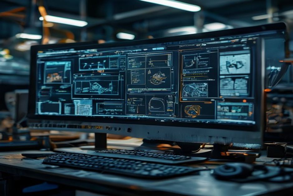 Close-up view of a computer monitor displaying 3D models and control system schematics.
