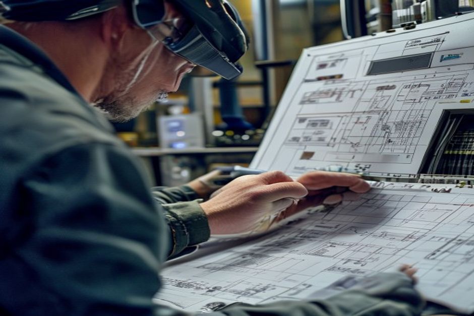 Technician reviewing detailed electrical design drawings and schematics for an industrial control system project in Dallas, Texas.
