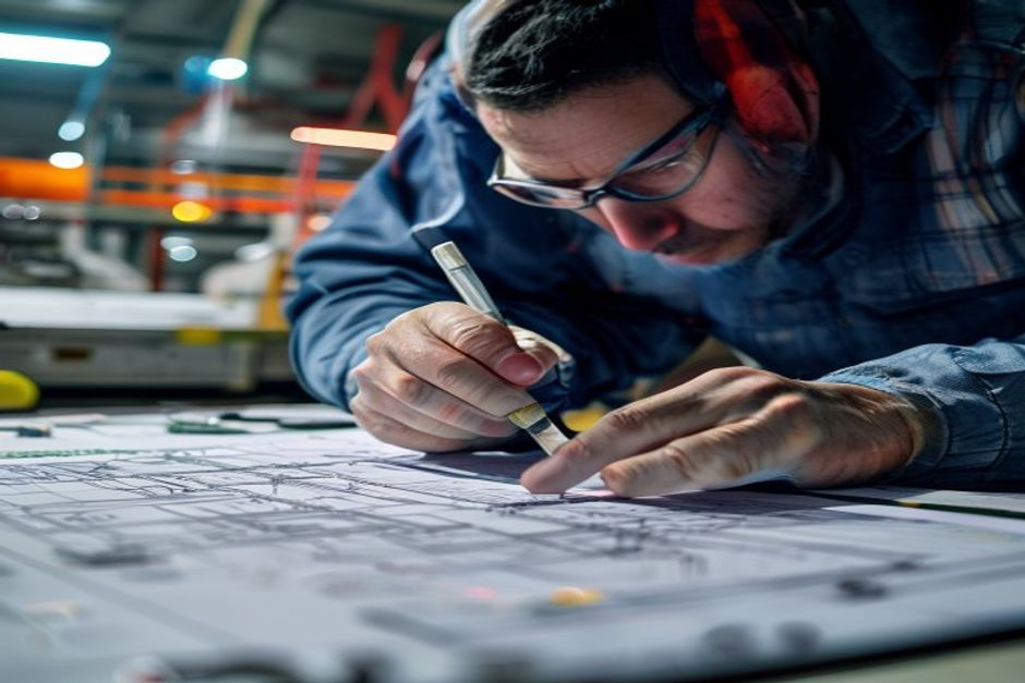 An engineer from Advanced Mechanix reviewing a detailed electrical CAD drawing for a power distribution network design project.