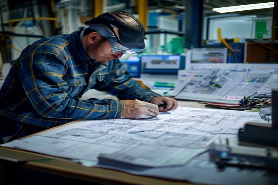 An electrical engineer reviews technical documents and blueprints for a power distribution system design for a Boston manufacturing facility.