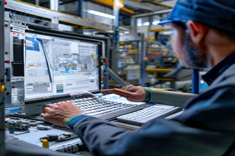 Engineer using 3D modeling software to create digital twin for automated material handling system in LA.