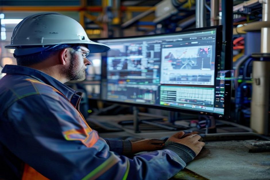 An electrical engineer using advanced data analytics software to monitor and predict maintenance needs for a mining facility's power distribution system in Houston, Texas.