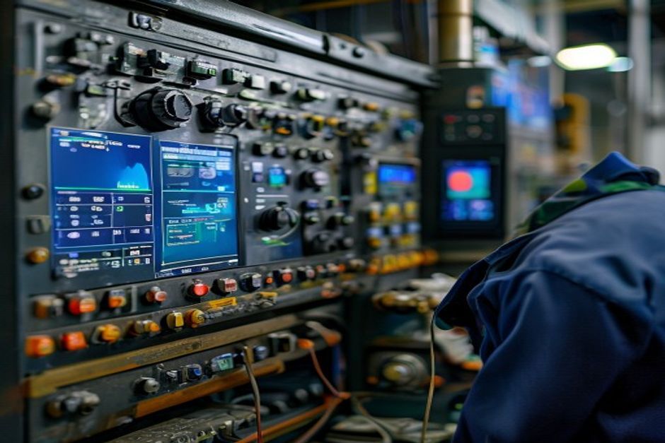 Detailed view of an industrial control panel programmed by Advanced Mechanix for a manufacturing facility in Boston, featuring a touchscreen interface, PLC modules, and data visualization displays.