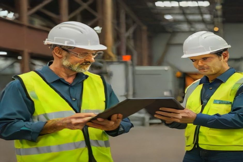 Mining engineer and technician reviewing automation data and schematics at a mining site in Houston, Texas.
