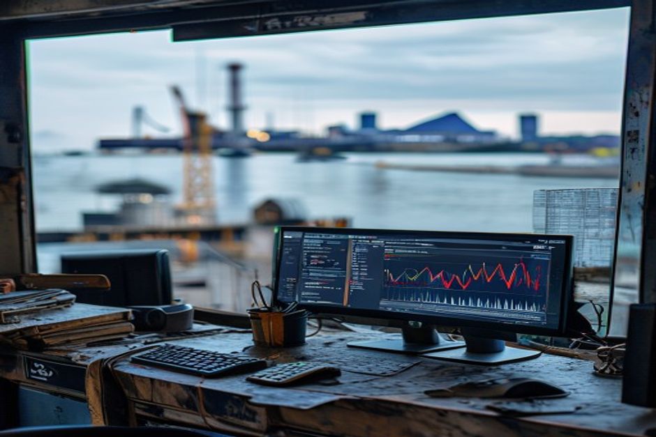 A close-up view of an engineer's desk with a computer screen displaying advanced data analytics for a mining operation, with the Newcastle harbour in the background.