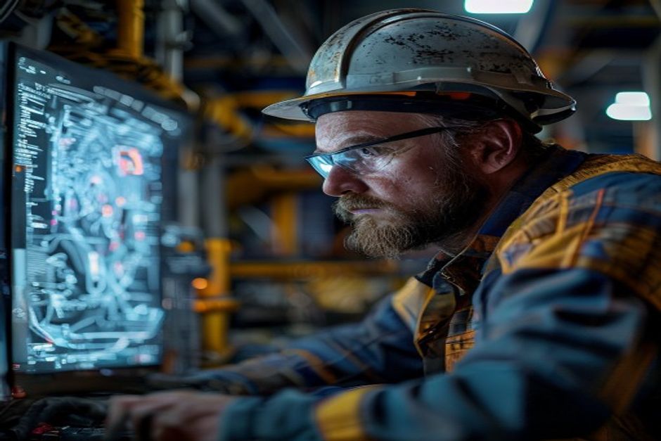 Mining electrical engineer using CAD software to design power distribution system