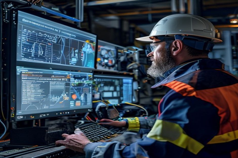 Mining engineer using data analytics and predictive maintenance software to monitor and optimize electrical systems at a Los Angeles mining site.