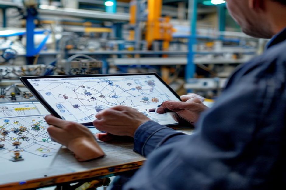 An engineer from Advanced Mechanix reviewing a detailed one-line diagram of a power distribution system design for an industrial facility in Austin, Texas.