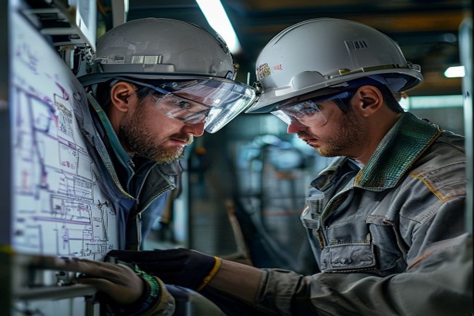 Advanced Mechanix engineer reviewing a detailed schematic for a substation's power distribution system in Hobart, Australia.